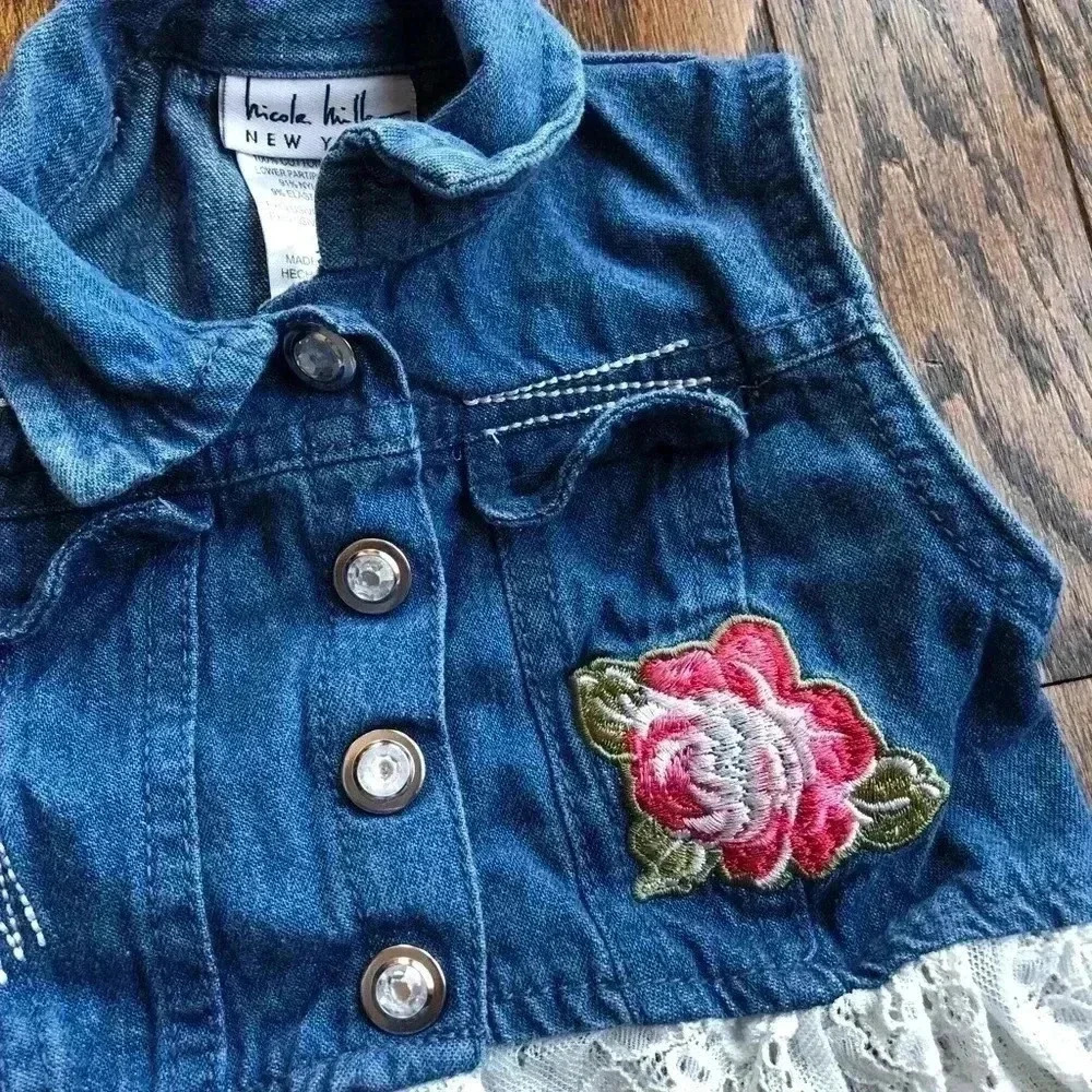 Nicole Miller Girls 24M Embellished Jean Vest w/Lace Bottom - Picture 2 of 8